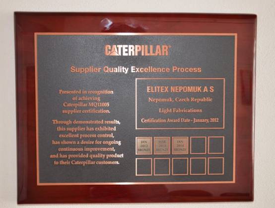 certifikace dodavatele SQEP Caterpillar Supplier Quality Excellence Process